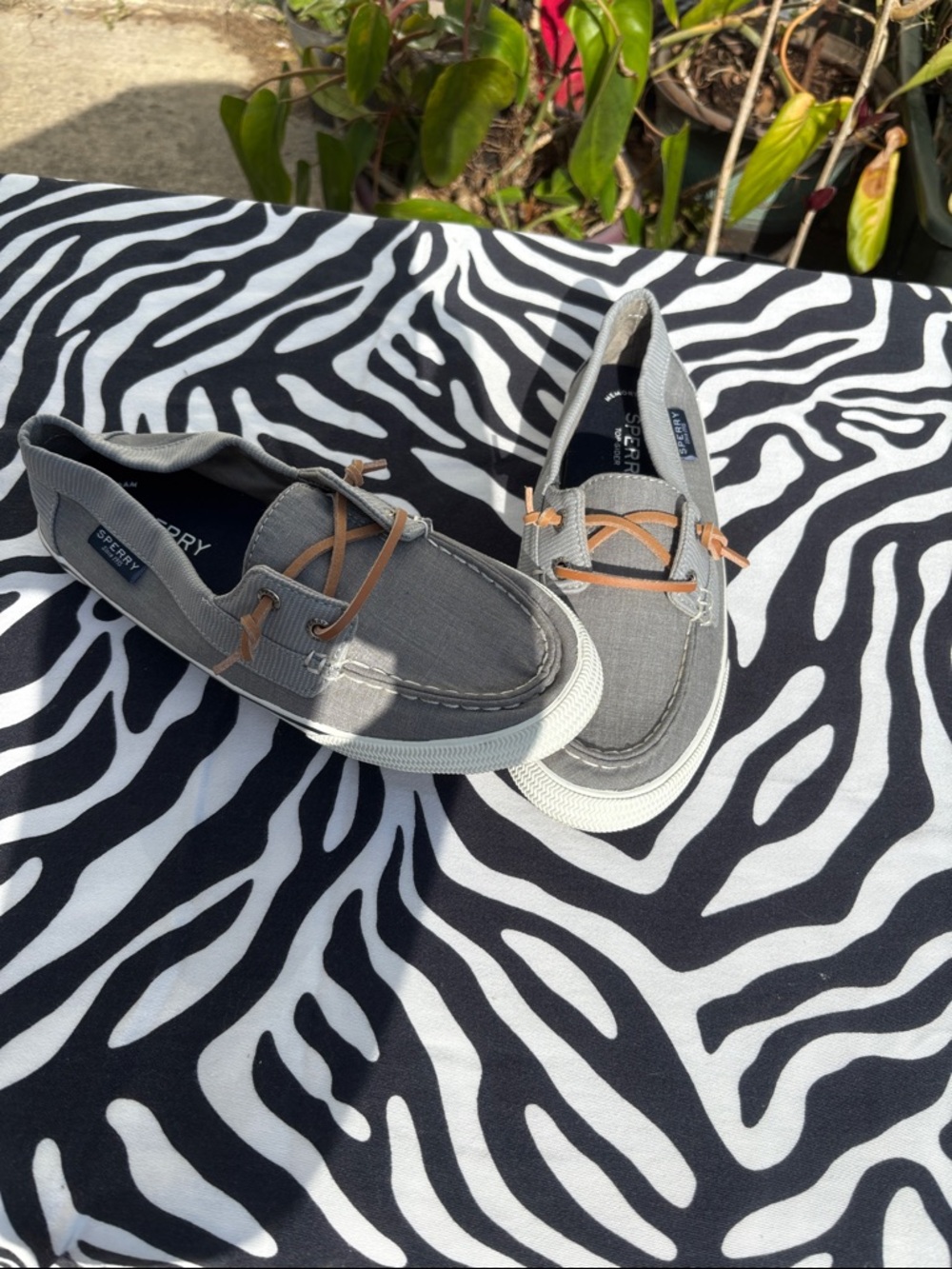 Sperry Gray Canvas Boat Shoes with Brown Leather Laces Womens